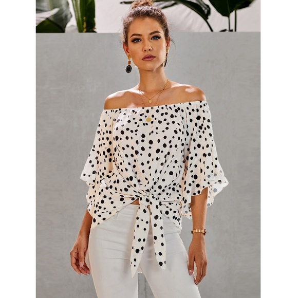 Rouge! Tops - Dalmatian Dot White Off Shoulder Front Tie Top
